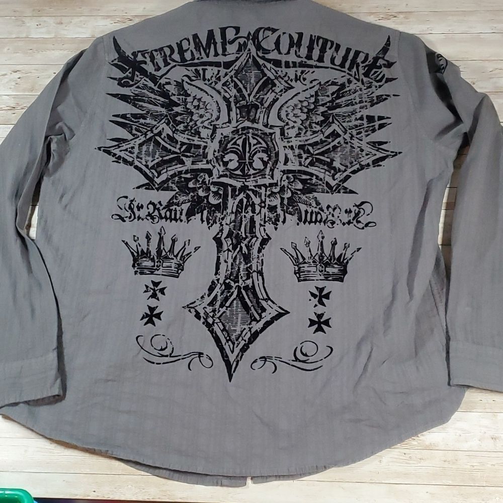 Xtreme Couture Affliction Button Down Long Sleeve Velvet‎ Cross Wings Crown 2XL